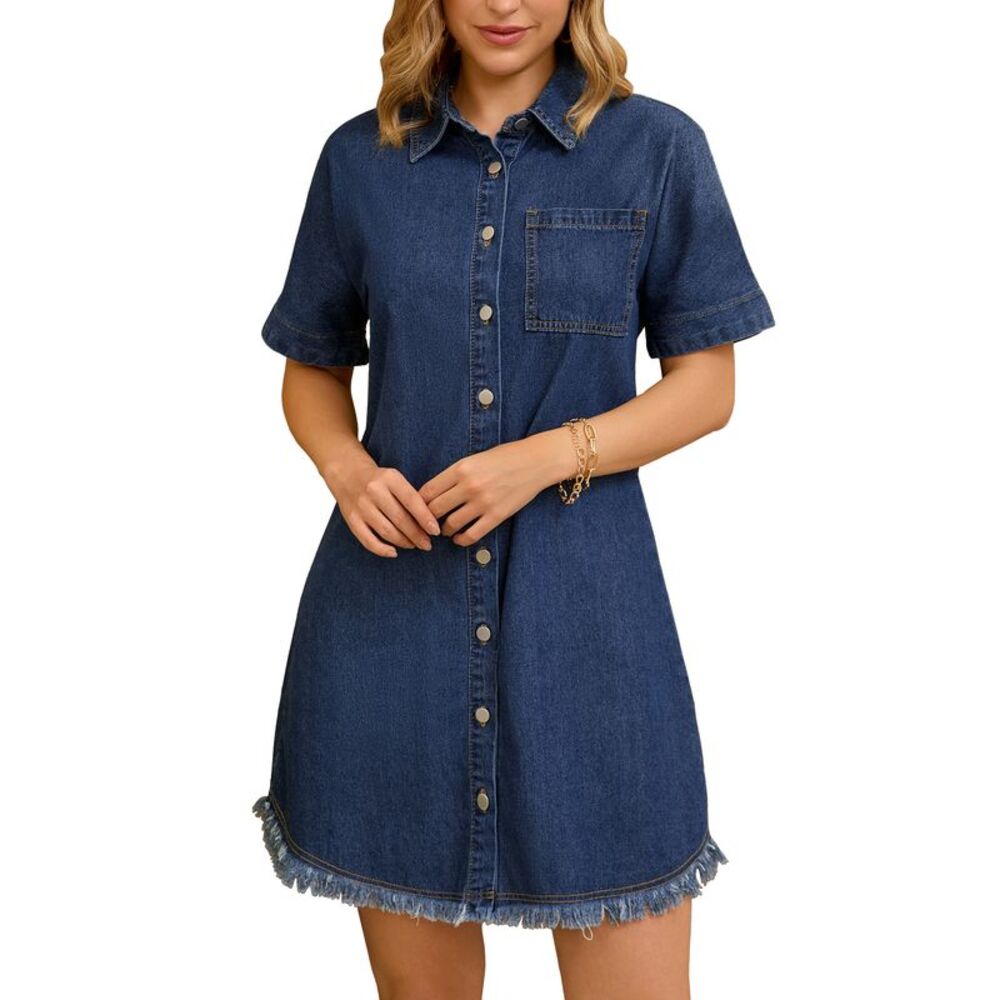 Button Front Frayed Hem Collared Short Sleeve Jean Shirt Dresses Dark Blue